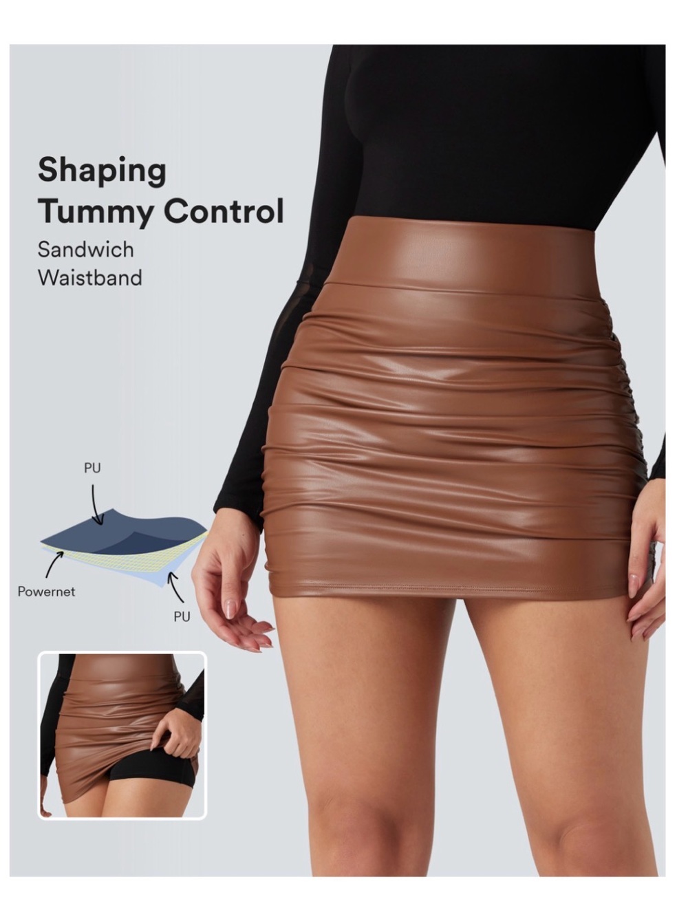 High Waisted Tummy Control Ruched Curved
Hem 2-in-1 Fleece PU Mini Bodycon Skirt